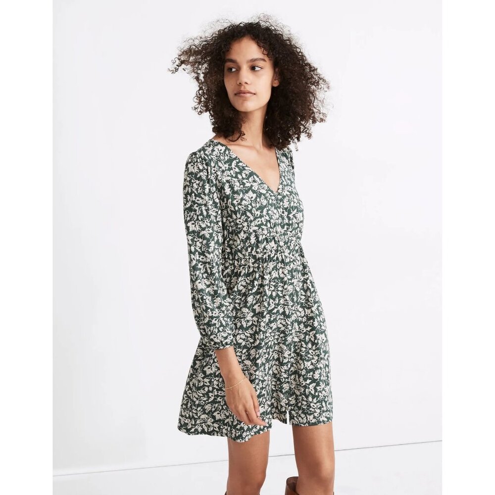 Madewell Babydoll Top V-Neck Button-Front Mini Dress in Forest Leaves Size Small